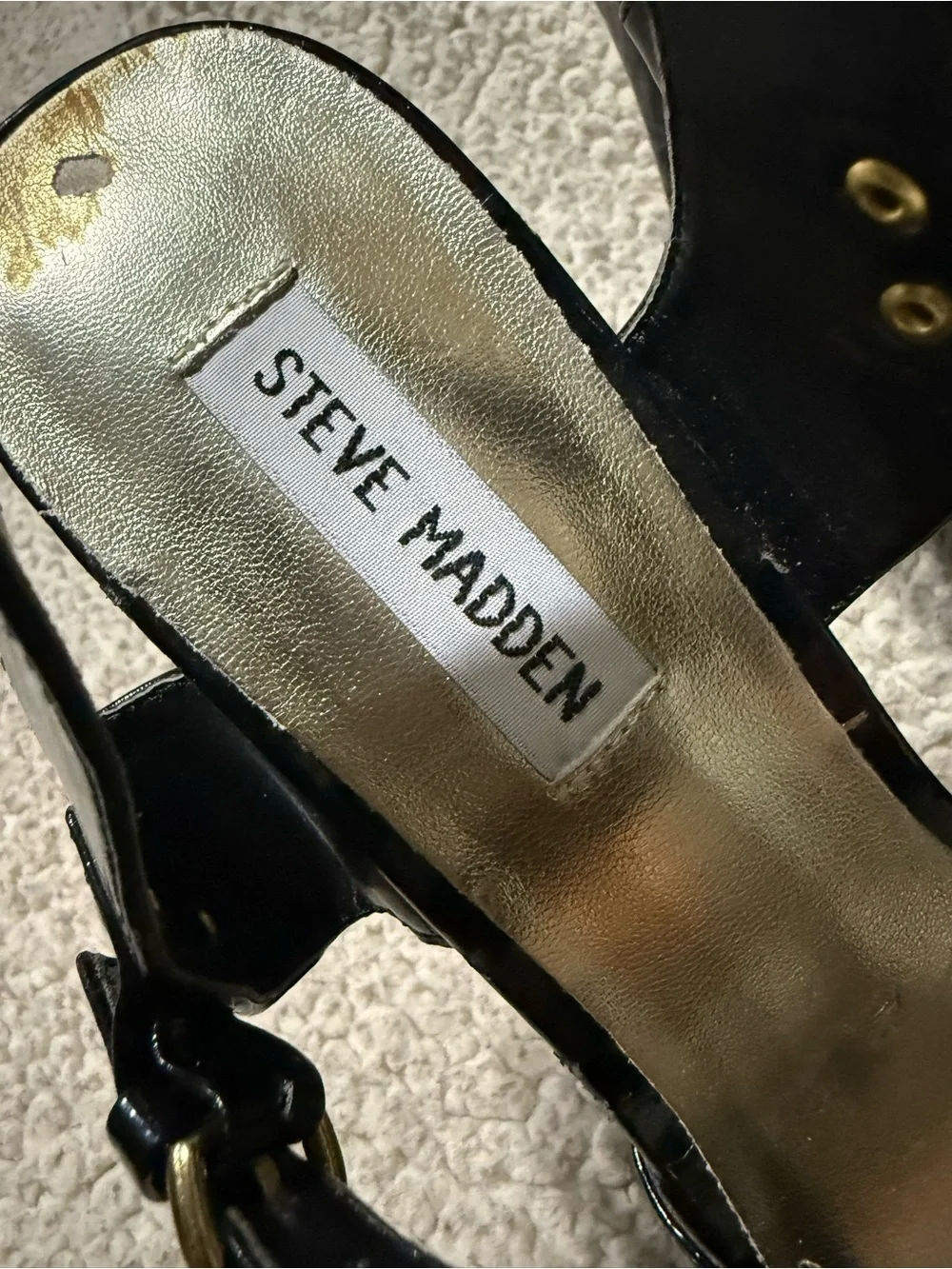Steve Madden Black Patent Platform Slingback Sandals with Gold Accents